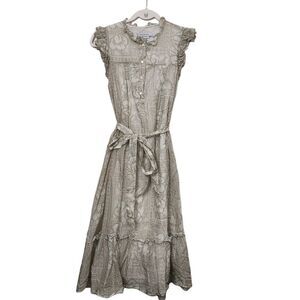 Frances Hart Dress Womens XS Gray Floral Ruffled Midi Boho Belted Cotton Lined